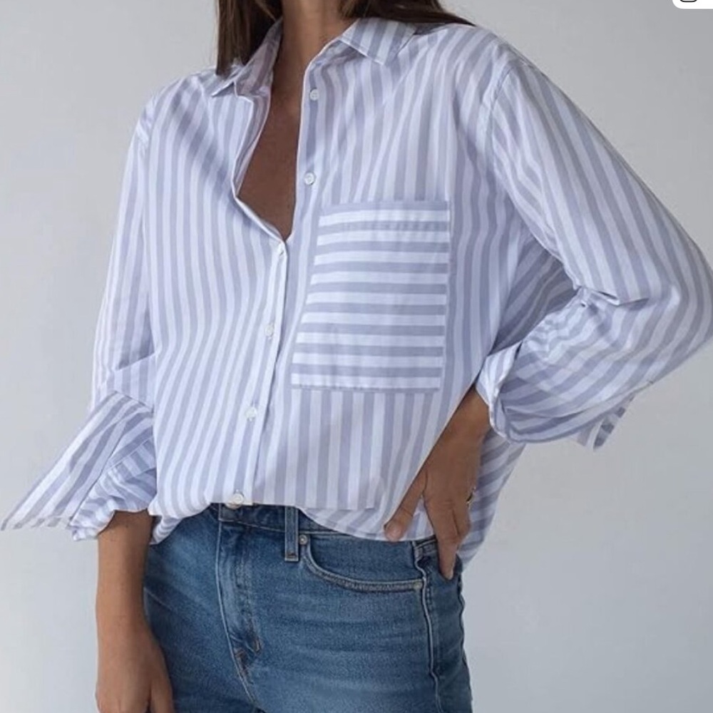 AYR The Deep End Button Down Shirt in Grape Soda Striped M Pocket Boxy $155